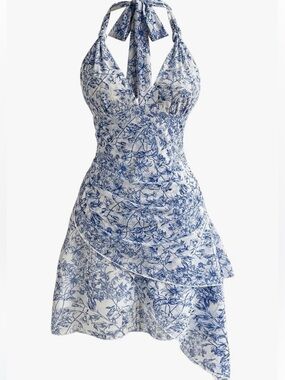 SHEIN Elegant Blue Floral Backless Dress